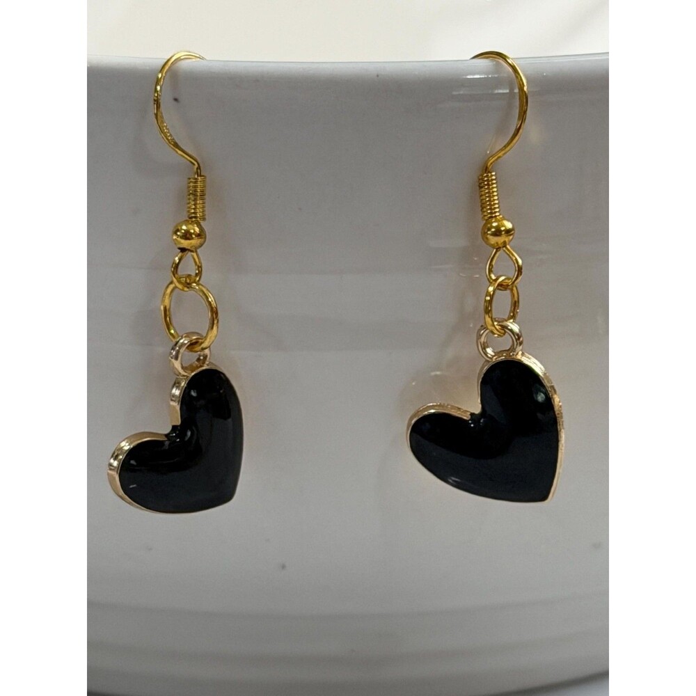 Black Heart Enamel Gold Tone Drop Earrings Dainty Fishhook Jewelry